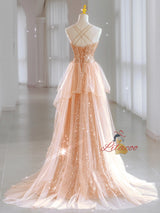 Gold Sequins Straps Split Prom Dress