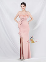 Mermaid Strapless Feather Split Prom Dress