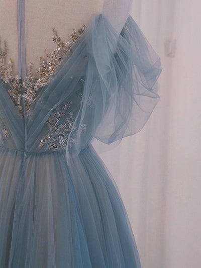 Blue Tulle Pleats Sequins Prom Dress