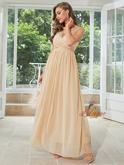 Apricot Chiffon V-neck Lace Party Dress
