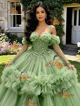 Green Tulle Straps Long Sleeve Quinceanera Dress
