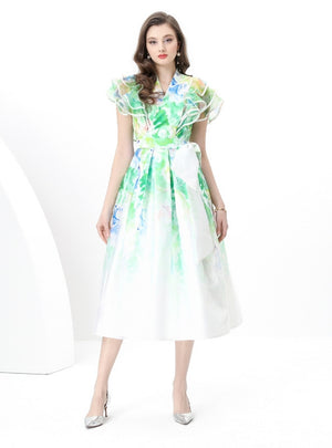 Lotus Leaf V-neck Slim Printed Long Dress