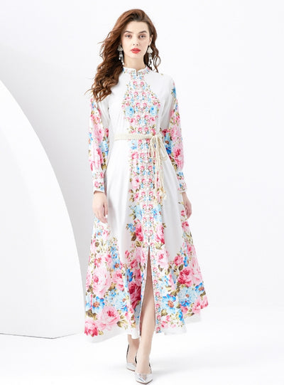 Retro Printed Long Sleeve Slim Dress