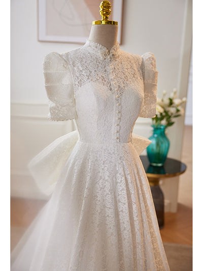 White Lace Short Sleeve Wedding Dress