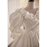 Vintage White Satin Puff Sleeve Wedding Dress