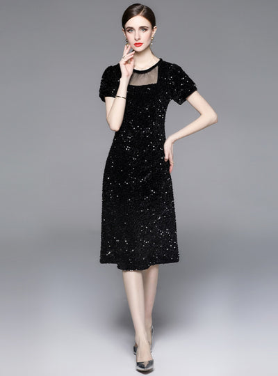 Black Sequined Short Sleeve Dress