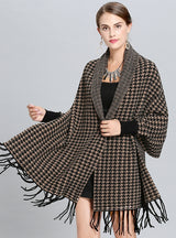 Houndstooth Plaid Knit Fringed Scarf Shawl