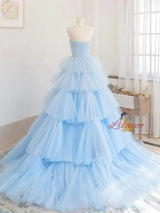 Blue Tulle Tiers Strapless Pleats Prom Dress