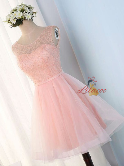Pink Tulle Scoop Neck Homecoming Dress