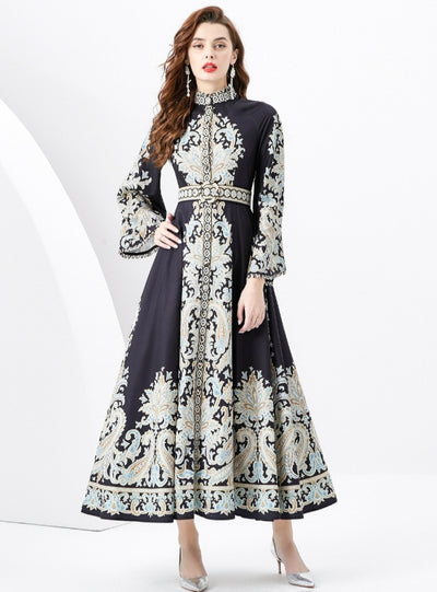 Retro Flared Sleeve Split Print Dress