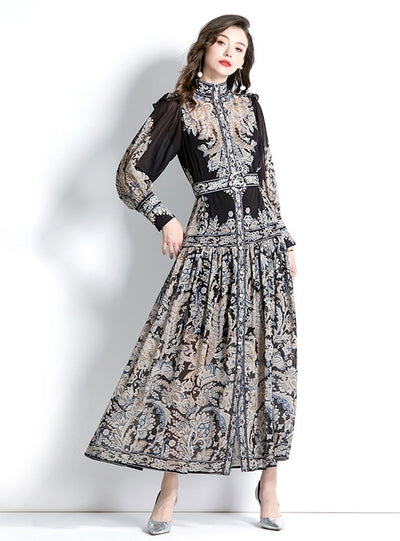 Long-sleeved Lantern Sleeve Printed Dress