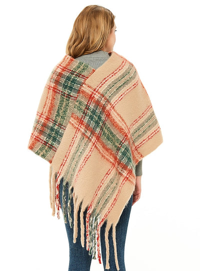 Checked Thick Tassel Pullover Cloak