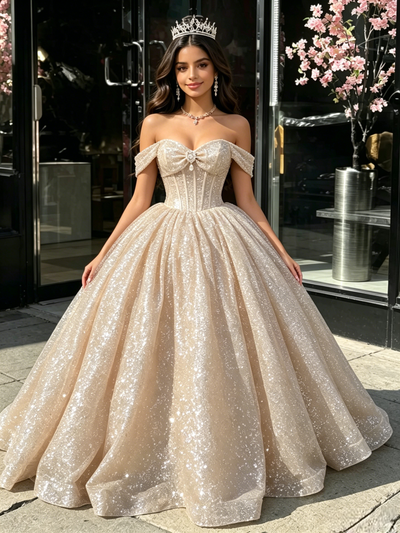 Champagne Sequins Off the Shoulder Quinceanera Dress