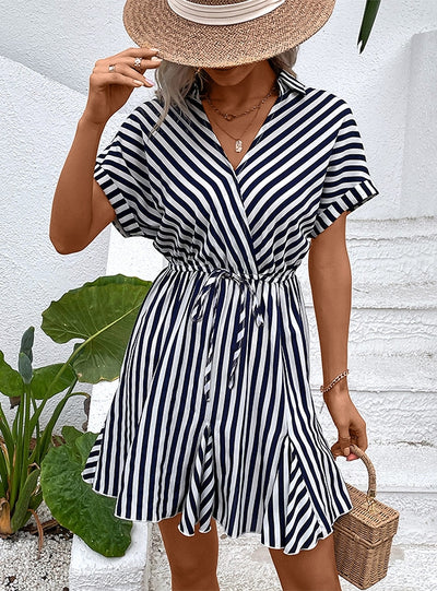 Women Lapel Striped Shirt Dress