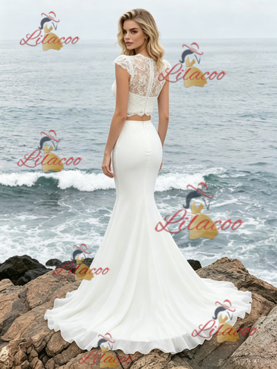 White Mermaid Two Piece Lace Wedding Dress