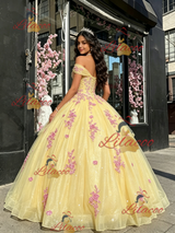 Yellow Tulle Off the Shoulder Appliques Quinceanera Dress