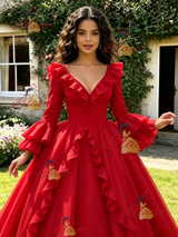 Red V-neck Long Sleeve Quinceanera Dress