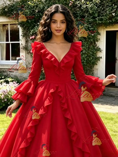 Red V-neck Long Sleeve Quinceanera Dress