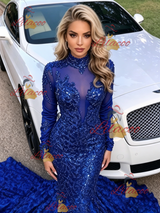 Blue Mermaid Sequins Long Sleeve Prom Dress