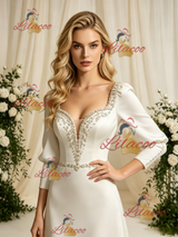 Beige Satin Long Sleeve Beading Wedding Dress