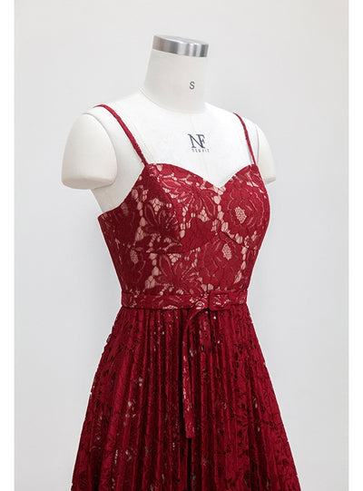 Burgundy Lace Spaghetti Straps Prom Dress