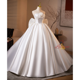 White Satin Strapless Bow Pleats Flower Wedding Dress