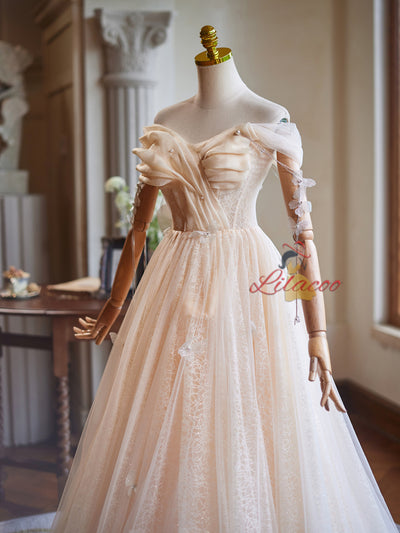 Champagne Tulle Sequins Pleats Butterfly Prom Dress