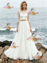 White Two Piece Short Sleeve Lace Wedding Dress