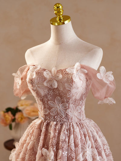 Pink Tulle Lace 3D Flower Homecoming Dress