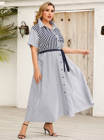 Lapel Striped Short Sleeve Strappy Shirt Dress
