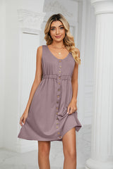 Solid Color Button Pocket Round Neck Dress