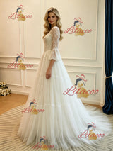 White Tulle Lace Long Sleeve Wedding Dress