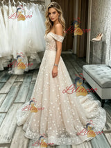 Champagne Lace Off the Shoulder Wedding Dress