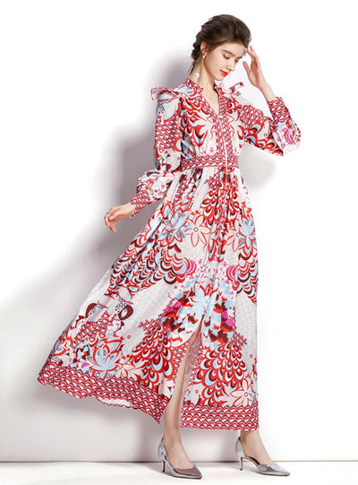 V-neck Retro Palace Style Long Sleeve Printed Dress