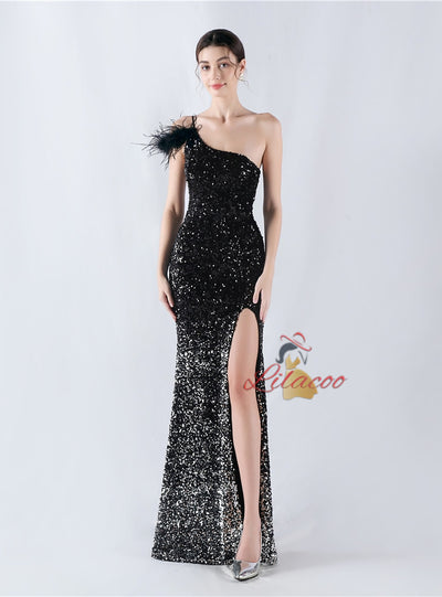 Sequins One Shoulder Split Prom Dress
