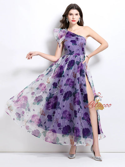 Oblique Shoulder Printed Gauze Dress