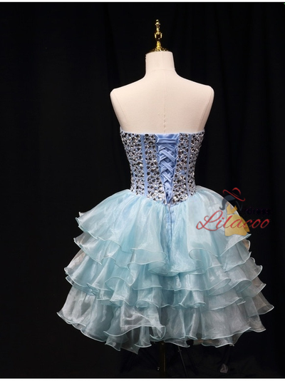 Blue Organza Crystal Strapless Homecoming Dress