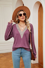Solid Color V-neck Loose Long Sleeve T-shirt