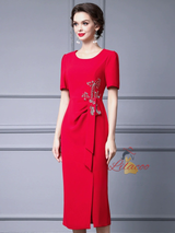 Red Short Sleeve Beading Mother of the Bride Dress