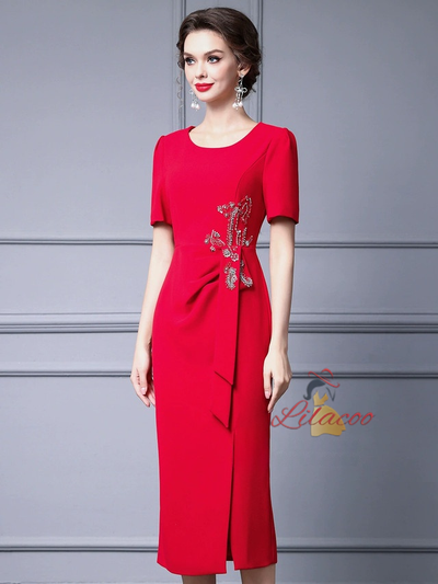 Red Short Sleeve Beading Mother of the Bride Dress