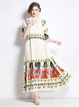 Pleated Short Sleeve Print Dress