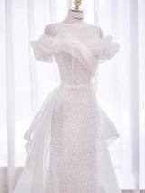 Simple White Sequins Off the Shoulder Wedding Dress