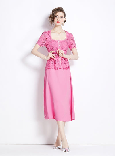 Pink Lace Fake Two-piece Short-sleeved Dress