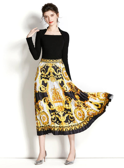 Retro Square Neck Top+Printed Pleated Skirt Suit