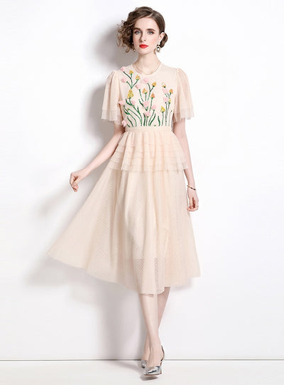 Heavy Mesh Stitching Beaded Flower Dress