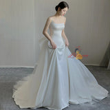 White Tulle Satin Straps Wedding Dress