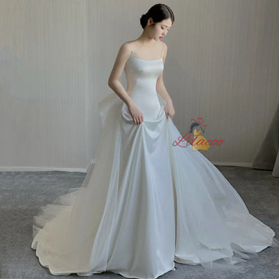 White Tulle Satin Straps Wedding Dress