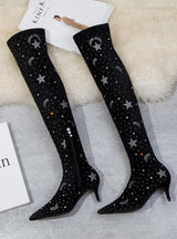 High Heel Pointed Suede Rhinestone Boots