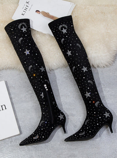 High Heel Pointed Suede Rhinestone Boots