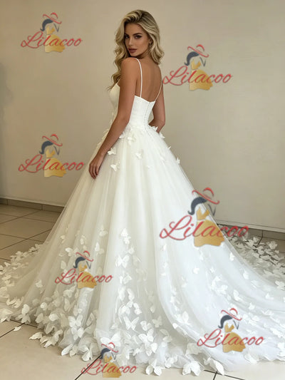 White Tulle Spaghetti Straps Butterfly Wedding Dress